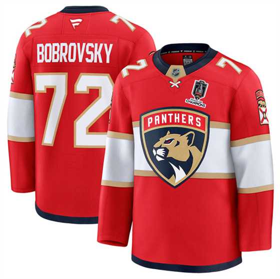 Men%27s Florida Panthers #72 Sergei Bobrovsky Red Home 2025 Stanley Cup Champions Patch Stitched Hockey Jersey Dzhi