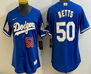 Women%27s Los Angeles Dodgers #50 Mookie Betts Blue 2026 Gold Collection Stadium Jersey