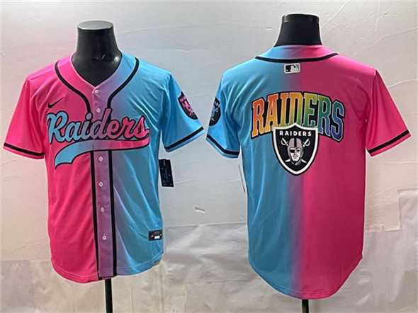 Men%27s Las Vegas Raiders Team Big Logo Pink Blue Limited Stitched Baseball Jersey1
