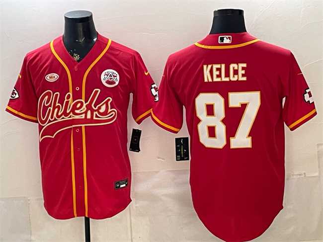 Men%27s Kansas City Chiefs #87 Travis Kelce Red With NKH Patch Cool Base Stitched Baseball Jersey