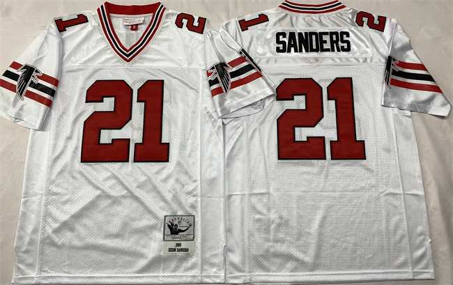 Men%27s Atlanta Falcons #21 Deion Sanders White Throwback Stitched Football Jersey