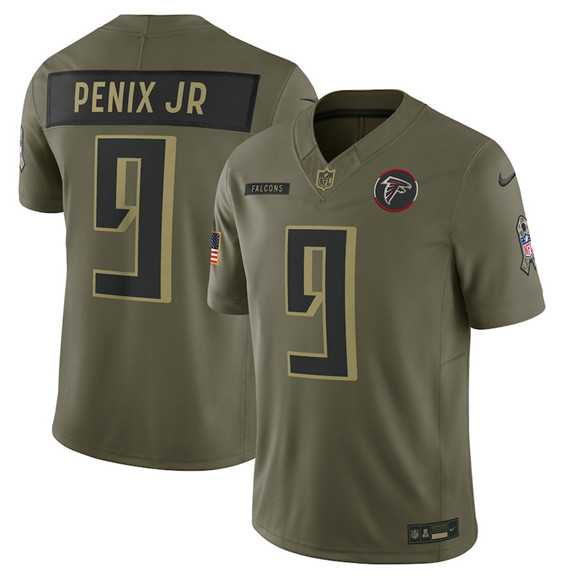 Men's Atlanta Falcons #9 Michael Penix Jr. Olive 2025 Salute to Service Limited Stitched Jersey Dyin-0