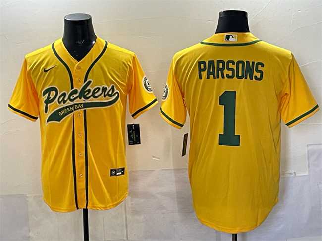 Men%27s Green Bay Packers #1 Micah Parsons Gold Cool Base Stitched Baseball Jersey