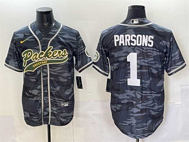 Men%27s Green Bay Packers #1 Micah Parsons Gray Camo Cool Base Stitched Baseball Jersey