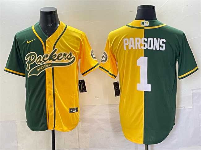 Men%27s Green Bay Packers #1 Micah Parsons Green Gold Split Cool Base Stitched Baseball Jersey