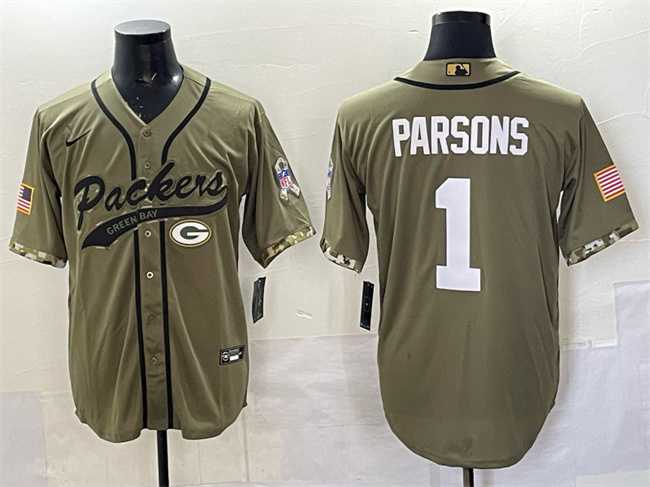 Men%27s Green Bay Packers #1 Micah Parsons Olive Salute to Service Cool Base Stitched Baseball Jersey