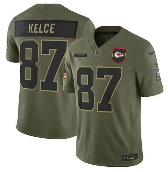 Men%27s Kansas City Chiefs #87 Travis Kelce Olive 2025 Salute to Service Limited Stitched Jersey Dyin