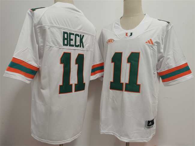 Men%27s Miami Hurricanes #11 Carson Beck White Stitched Football Jersey