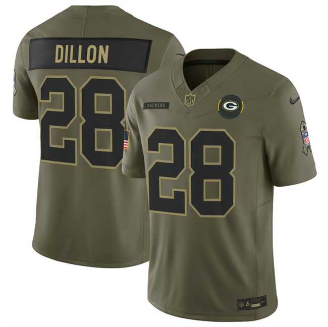Men%27s Green Bay Packers #28 A. J. Dillon Olive 2025 F.U.S.E. Salute to Service Limited Stitched Jersey Dyin