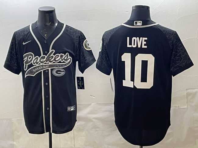 Men%27s Green Bay Packers #10 Jordan Love Black Reflective With Patch Cool Base Stitched Baseball Jersey