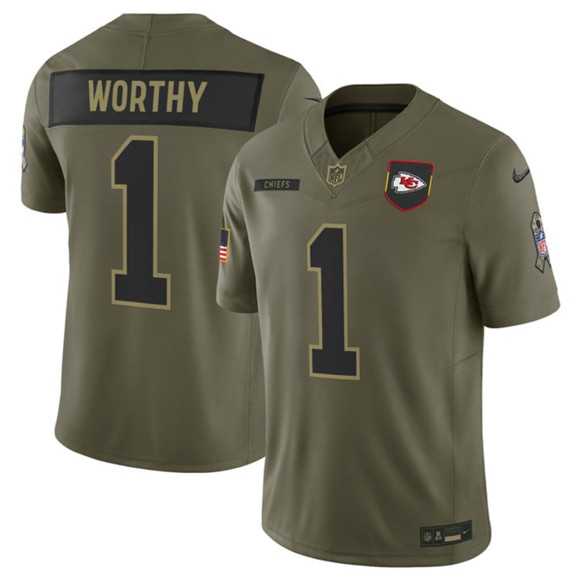 Men%27s Kansas City Chiefs #1 Xavier Worthy Olive 2025 Salute to Service Limited Stitched Jersey Dyin