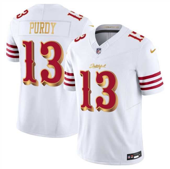 Men%27s San Francisco 49ers #13 Brock Purdy White Gold 2025 F.U.S.E. %27Rivalries%27 Vapor Limited Stitched Jersey