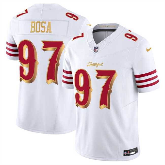 Men%27s San Francisco 49ers #97 Nick Bosa White Gold 2025 F.U.S.E. %27Rivalries%27 Vapor Limited Stitched Jersey