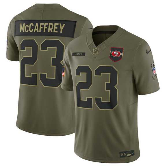 Men%27s San Francisco 49ers #23 Christian McCaffrey Olive 2025 Salute to Service Limited Stitched Jersey Dyin